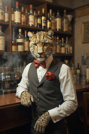 Tableau original d’un léopard en serveur distingué dans une ambiance de bar vintage. Illustration chic, dynamique et décalée, uniquement disponible chez DECOTAB.