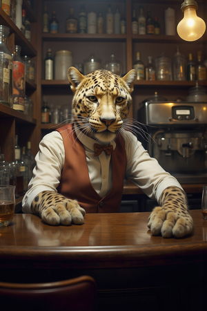 Tableau original d’un léopard en serveur distingué dans une ambiance de bar vintage. Illustration chic, dynamique et décalée, uniquement disponible chez DECOTAB.