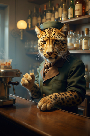 Tableau original d’un léopard en serveur distingué dans une ambiance de bar vintage. Illustration chic, dynamique et décalée, uniquement disponible chez DECOTAB.