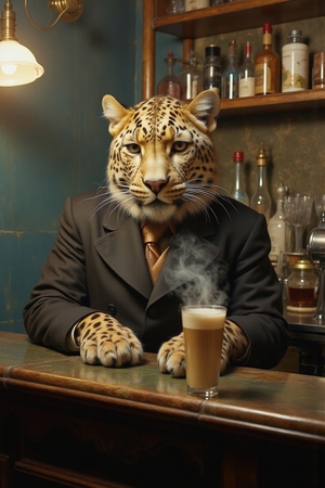 Tableau original d’un léopard en serveur distingué dans une ambiance de bar vintage. Illustration chic, dynamique et décalée, uniquement disponible chez DECOTAB.