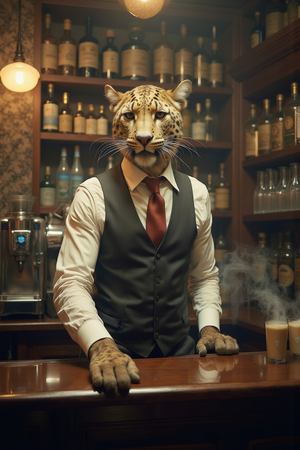 Tableau original d’un léopard en serveur distingué dans une ambiance de bar vintage. Illustration chic, dynamique et décalée, uniquement disponible chez DECOTAB.