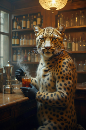 Tableau original d’un léopard en serveur distingué dans une ambiance de bar vintage. Illustration chic, dynamique et décalée, uniquement disponible chez DECOTAB.