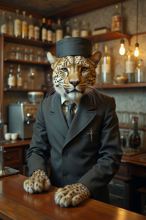 Tableau original d’un léopard en serveur distingué dans une ambiance de bar vintage. Illustration chic, dynamique et décalée, uniquement disponible chez DECOTAB.