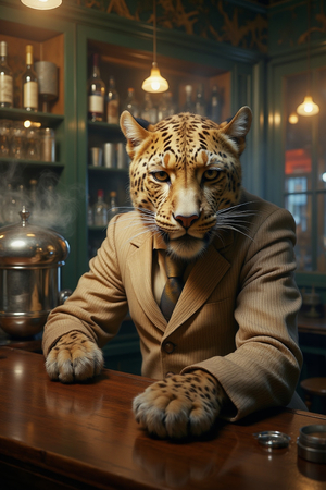 Tableau original d’un léopard en serveur distingué dans une ambiance de bar vintage. Illustration chic, dynamique et décalée, uniquement disponible chez DECOTAB.