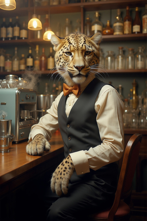 Tableau original d’un léopard en serveur distingué dans une ambiance de bar vintage. Illustration chic, dynamique et décalée, uniquement disponible chez DECOTAB.