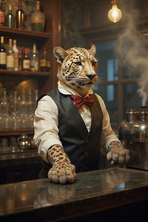 Tableau original d’un léopard en serveur distingué dans une ambiance de bar vintage. Illustration chic, dynamique et décalée, uniquement disponible chez DECOTAB.