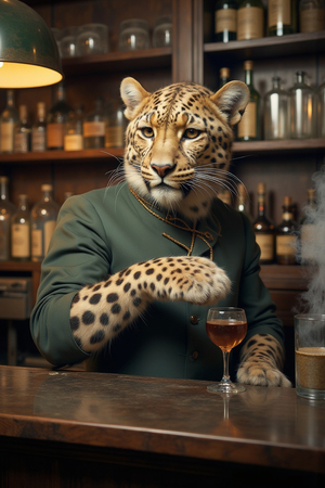 Tableau original d’un léopard en serveur distingué dans une ambiance de bar vintage. Illustration chic, dynamique et décalée, uniquement disponible chez DECOTAB.