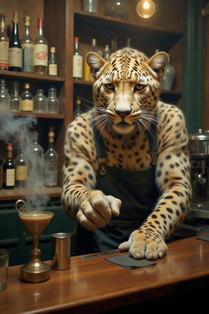 Tableau original d’un léopard en serveur distingué dans une ambiance de bar vintage. Illustration chic, dynamique et décalée, uniquement disponible chez DECOTAB.