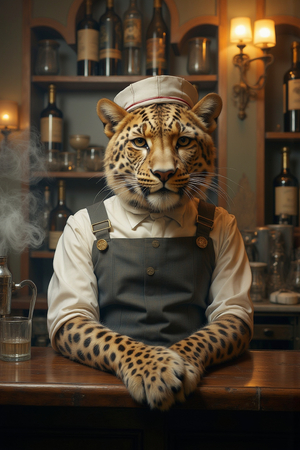 Tableau original d’un léopard en serveur distingué dans une ambiance de bar vintage. Illustration chic, dynamique et décalée, uniquement disponible chez DECOTAB.