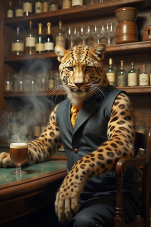 Tableau original d’un léopard en serveur distingué dans une ambiance de bar vintage. Illustration chic, dynamique et décalée, uniquement disponible chez DECOTAB.