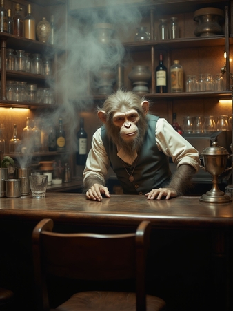 Tableau représentant un singe anthropomorphe habillé en serveur rétro. Une pièce originale parfaite pour créer une ambiance vintage dans votre établissement ou intérieur.