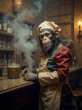 Tableau représentant un singe anthropomorphe habillé en serveur rétro. Une pièce originale parfaite pour créer une ambiance vintage dans votre établissement ou intérieur.