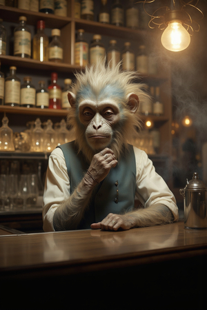 Tableau représentant un singe anthropomorphe habillé en serveur rétro. Une pièce originale parfaite pour créer une ambiance vintage dans votre établissement ou intérieur.