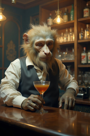 Tableau représentant un singe anthropomorphe habillé en serveur rétro. Une pièce originale parfaite pour créer une ambiance vintage dans votre établissement ou intérieur.