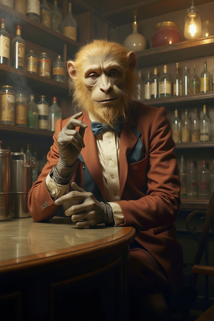Tableau représentant un singe anthropomorphe habillé en serveur rétro. Une pièce originale parfaite pour créer une ambiance vintage dans votre établissement ou intérieur.