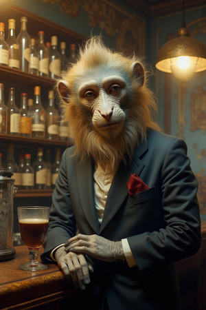 Tableau représentant un singe anthropomorphe habillé en serveur rétro. Une pièce originale parfaite pour créer une ambiance vintage dans votre établissement ou intérieur.