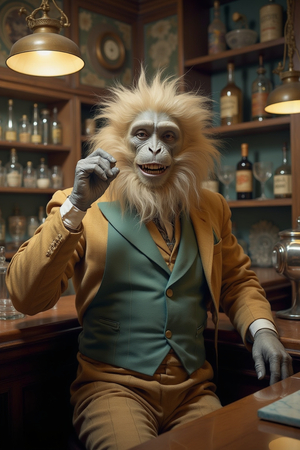 Tableau représentant un singe anthropomorphe habillé en serveur rétro. Une pièce originale parfaite pour créer une ambiance vintage dans votre établissement ou intérieur.