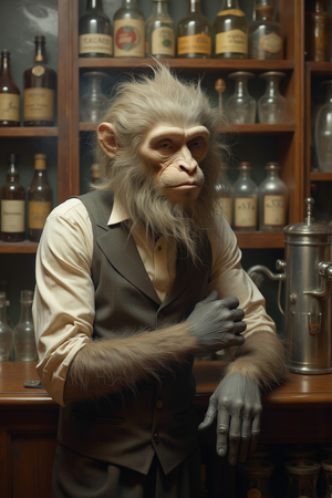 Tableau représentant un singe anthropomorphe habillé en serveur rétro. Une pièce originale parfaite pour créer une ambiance vintage dans votre établissement ou intérieur.