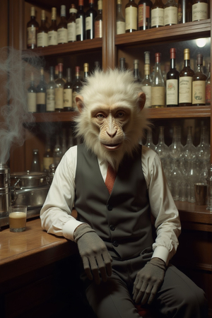 Tableau représentant un singe anthropomorphe habillé en serveur rétro. Une pièce originale parfaite pour créer une ambiance vintage dans votre établissement ou intérieur.