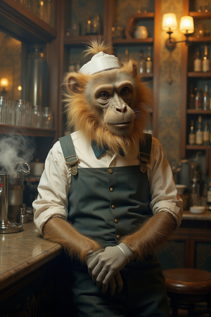 Tableau représentant un singe anthropomorphe habillé en serveur rétro. Une pièce originale parfaite pour créer une ambiance vintage dans votre établissement ou intérieur.