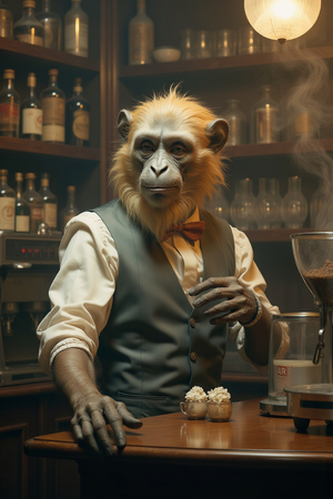 Tableau représentant un singe anthropomorphe habillé en serveur rétro. Une pièce originale parfaite pour créer une ambiance vintage dans votre établissement ou intérieur.
