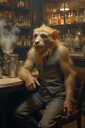 Tableau représentant un singe anthropomorphe habillé en serveur rétro. Une pièce originale parfaite pour créer une ambiance vintage dans votre établissement ou intérieur.
