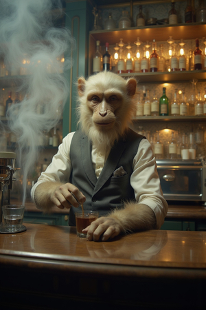 Tableau représentant un singe anthropomorphe habillé en serveur rétro. Une pièce originale parfaite pour créer une ambiance vintage dans votre établissement ou intérieur.