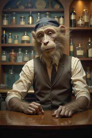Tableau représentant un singe anthropomorphe habillé en serveur rétro. Une pièce originale parfaite pour créer une ambiance vintage dans votre établissement ou intérieur.