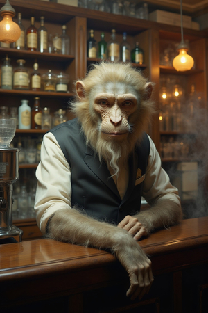 Tableau représentant un singe anthropomorphe habillé en serveur rétro. Une pièce originale parfaite pour créer une ambiance vintage dans votre établissement ou intérieur.
