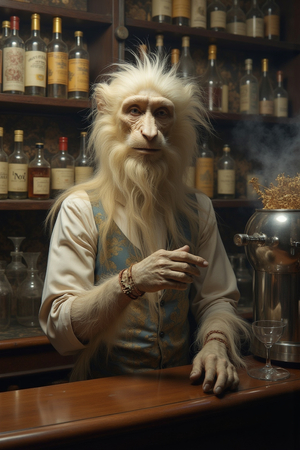 Tableau représentant un singe anthropomorphe habillé en serveur rétro. Une pièce originale parfaite pour créer une ambiance vintage dans votre établissement ou intérieur.