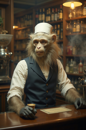 Tableau représentant un singe anthropomorphe habillé en serveur rétro. Une pièce originale parfaite pour créer une ambiance vintage dans votre établissement ou intérieur.