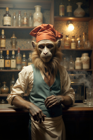 Tableau représentant un singe anthropomorphe habillé en serveur rétro. Une pièce originale parfaite pour créer une ambiance vintage dans votre établissement ou intérieur.