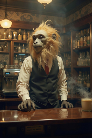 Tableau représentant un singe anthropomorphe habillé en serveur rétro. Une pièce originale parfaite pour créer une ambiance vintage dans votre établissement ou intérieur.