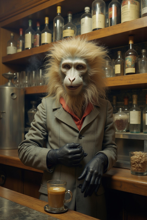 Tableau représentant un singe anthropomorphe habillé en serveur rétro. Une pièce originale parfaite pour créer une ambiance vintage dans votre établissement ou intérieur.