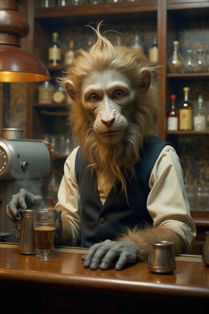 Tableau représentant un singe anthropomorphe habillé en serveur rétro. Une pièce originale parfaite pour créer une ambiance vintage dans votre établissement ou intérieur.