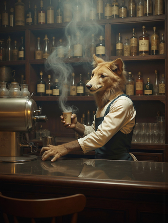 Tableau original représentant un canidé anthropomorphique en serveur de bar vintage. Une œuvre unique et amusante, idéale pour décorer un bar ou un hôtel.