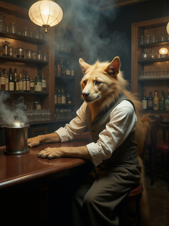 Tableau original représentant un canidé anthropomorphique en serveur de bar vintage. Une œuvre unique et amusante, idéale pour décorer un bar ou un hôtel.