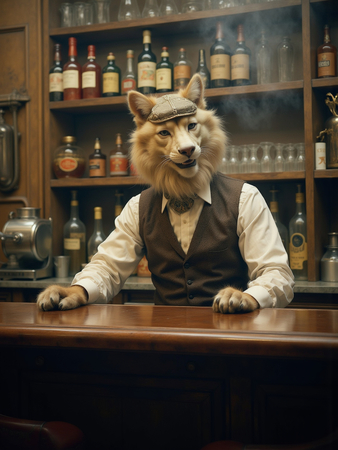 Tableau original représentant un canidé anthropomorphique en serveur de bar vintage. Une œuvre unique et amusante, idéale pour décorer un bar ou un hôtel.