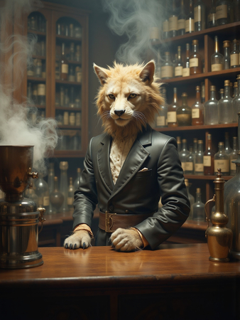Tableau original représentant un canidé anthropomorphique en serveur de bar vintage. Une œuvre unique et amusante, idéale pour décorer un bar ou un hôtel.