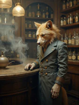 Tableau original représentant un canidé anthropomorphique en serveur de bar vintage. Une œuvre unique et amusante, idéale pour décorer un bar ou un hôtel.