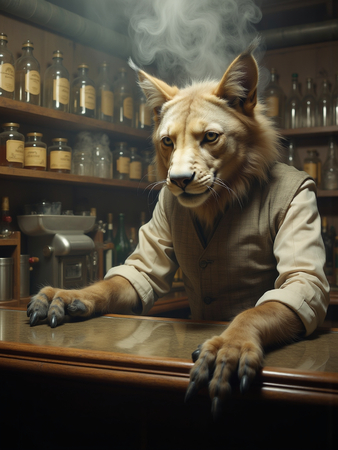 Tableau original représentant un canidé anthropomorphique en serveur de bar vintage. Une œuvre unique et amusante, idéale pour décorer un bar ou un hôtel.