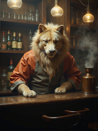 Tableau original représentant un canidé anthropomorphique en serveur de bar vintage. Une œuvre unique et amusante, idéale pour décorer un bar ou un hôtel.