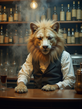 Tableau original représentant un canidé anthropomorphique en serveur de bar vintage. Une œuvre unique et amusante, idéale pour décorer un bar ou un hôtel.