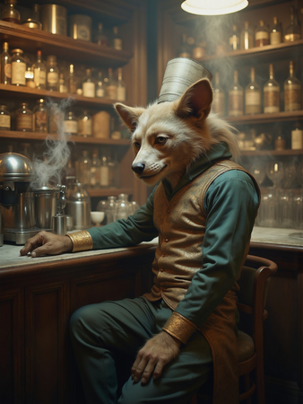 Tableau original représentant un canidé anthropomorphique en serveur de bar vintage. Une œuvre unique et amusante, idéale pour décorer un bar ou un hôtel.