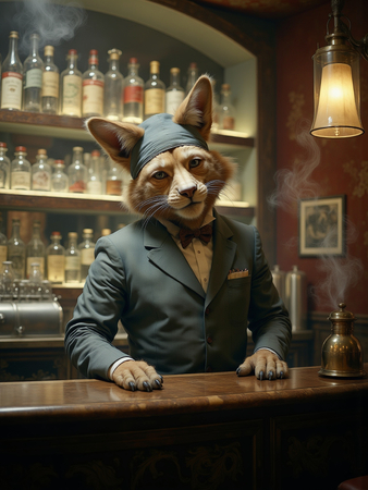 Tableau original représentant un canidé anthropomorphique en serveur de bar vintage. Une œuvre unique et amusante, idéale pour décorer un bar ou un hôtel.