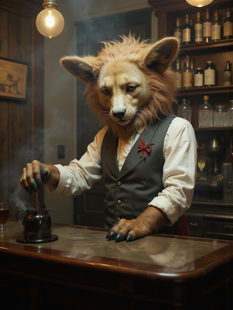 Tableau original représentant un canidé anthropomorphique en serveur de bar vintage. Une œuvre unique et amusante, idéale pour décorer un bar ou un hôtel.