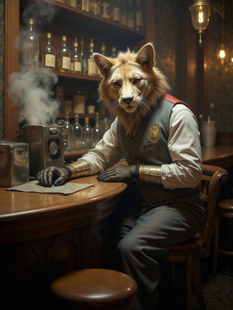 Tableau original représentant un canidé anthropomorphique en serveur de bar vintage. Une œuvre unique et amusante, idéale pour décorer un bar ou un hôtel.