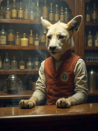 Tableau original représentant un canidé anthropomorphique en serveur de bar vintage. Une œuvre unique et amusante, idéale pour décorer un bar ou un hôtel.