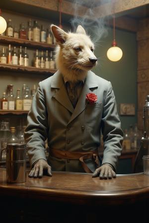 Tableau original représentant un canidé anthropomorphique en serveur de bar vintage. Une œuvre unique et amusante, idéale pour décorer un bar ou un hôtel.