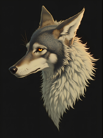 Illustration stylisée d'une tête de loup brun et gris, de profil, sur fond noir profond. Un tableau graphique et élégant pour une décoration originale et contemporaine.